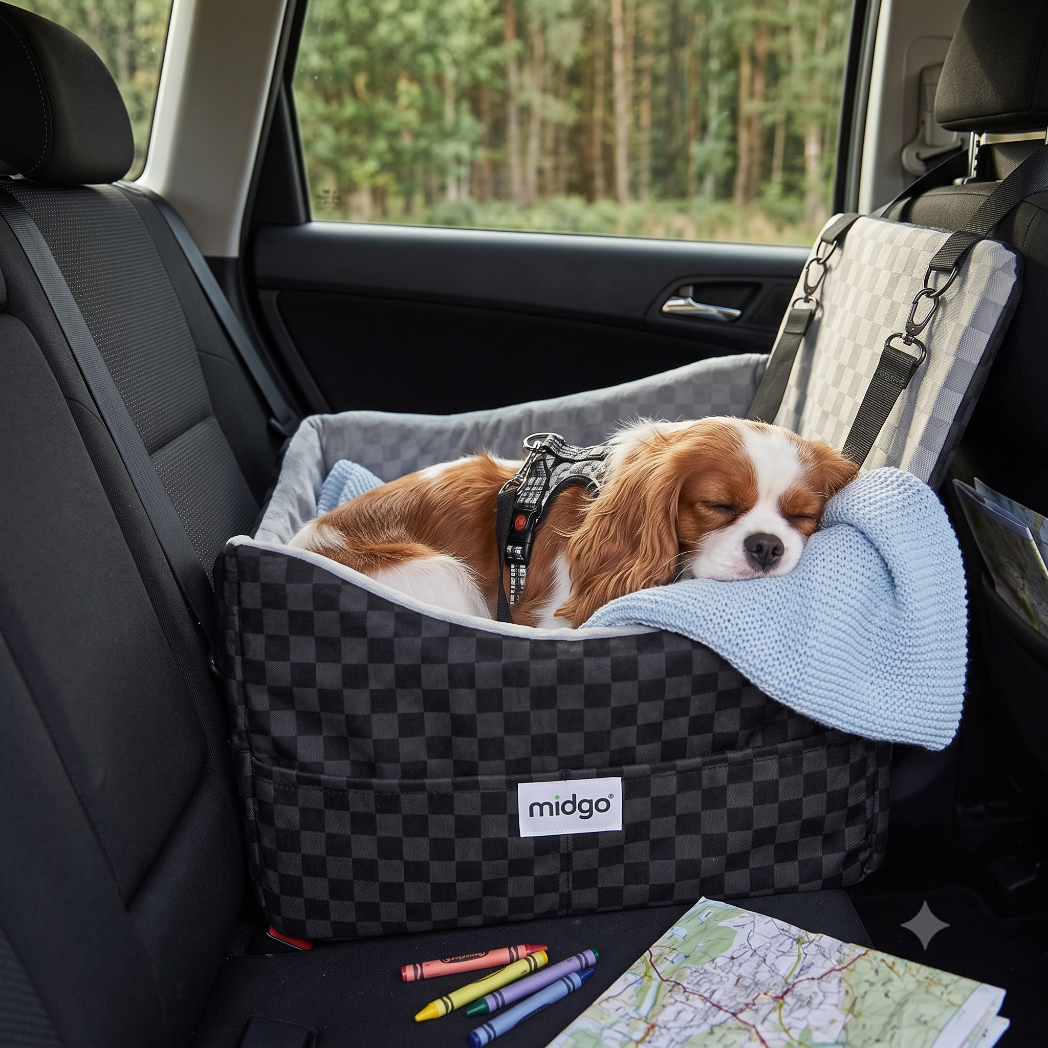 elevated dog car seats with safety belts and storage, plus cozy beds designed for everyday comfort—from small cuddlers to orthopedic options for larger
